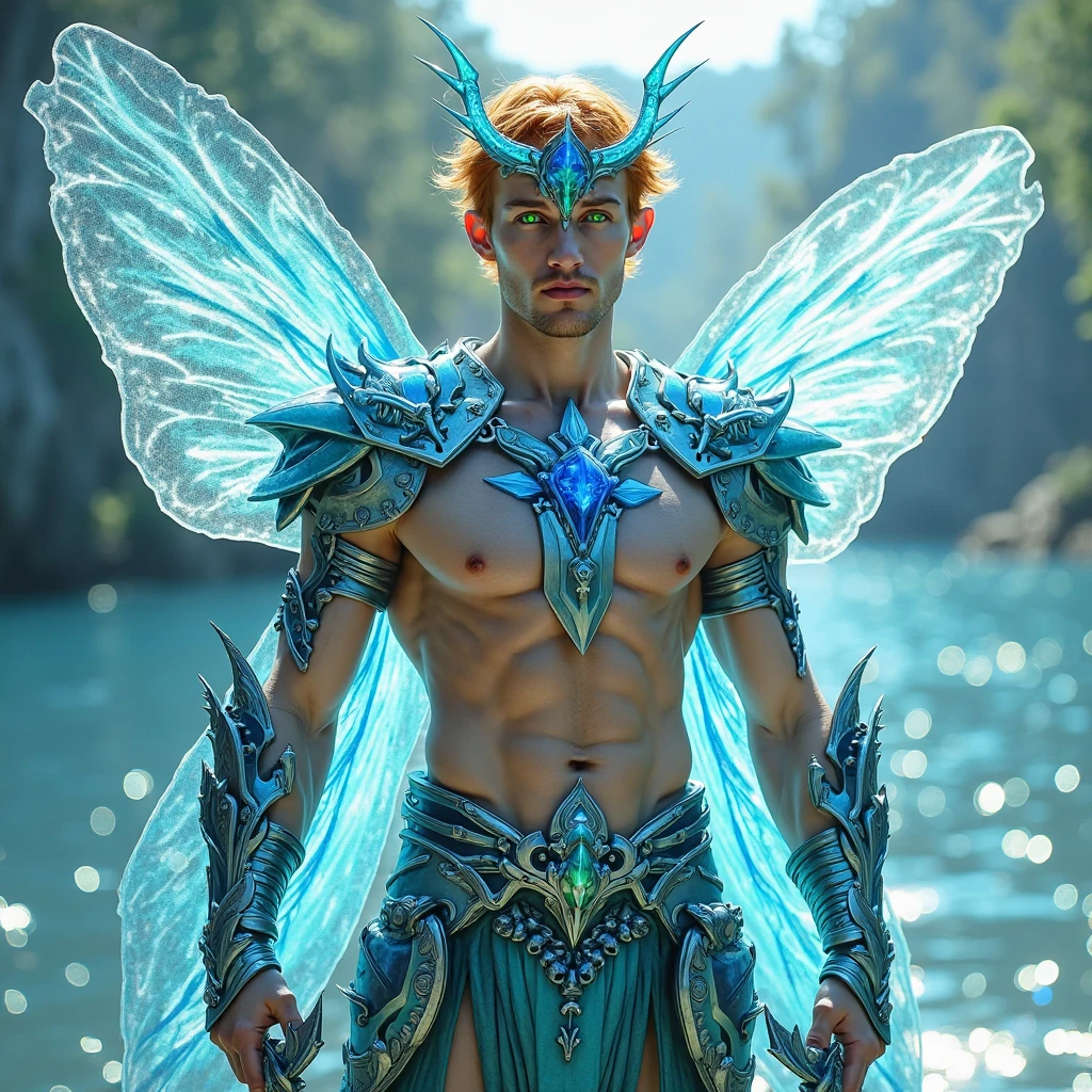 1boy, male, (max thieriot) teen, cute face, fairy, fairy wings, fairy wings, green eyes, blonde hair, short hair, undercut hair, skinny body, sexy, skimpy, knight. Wearing an Armor loincloth. Sexy pose.