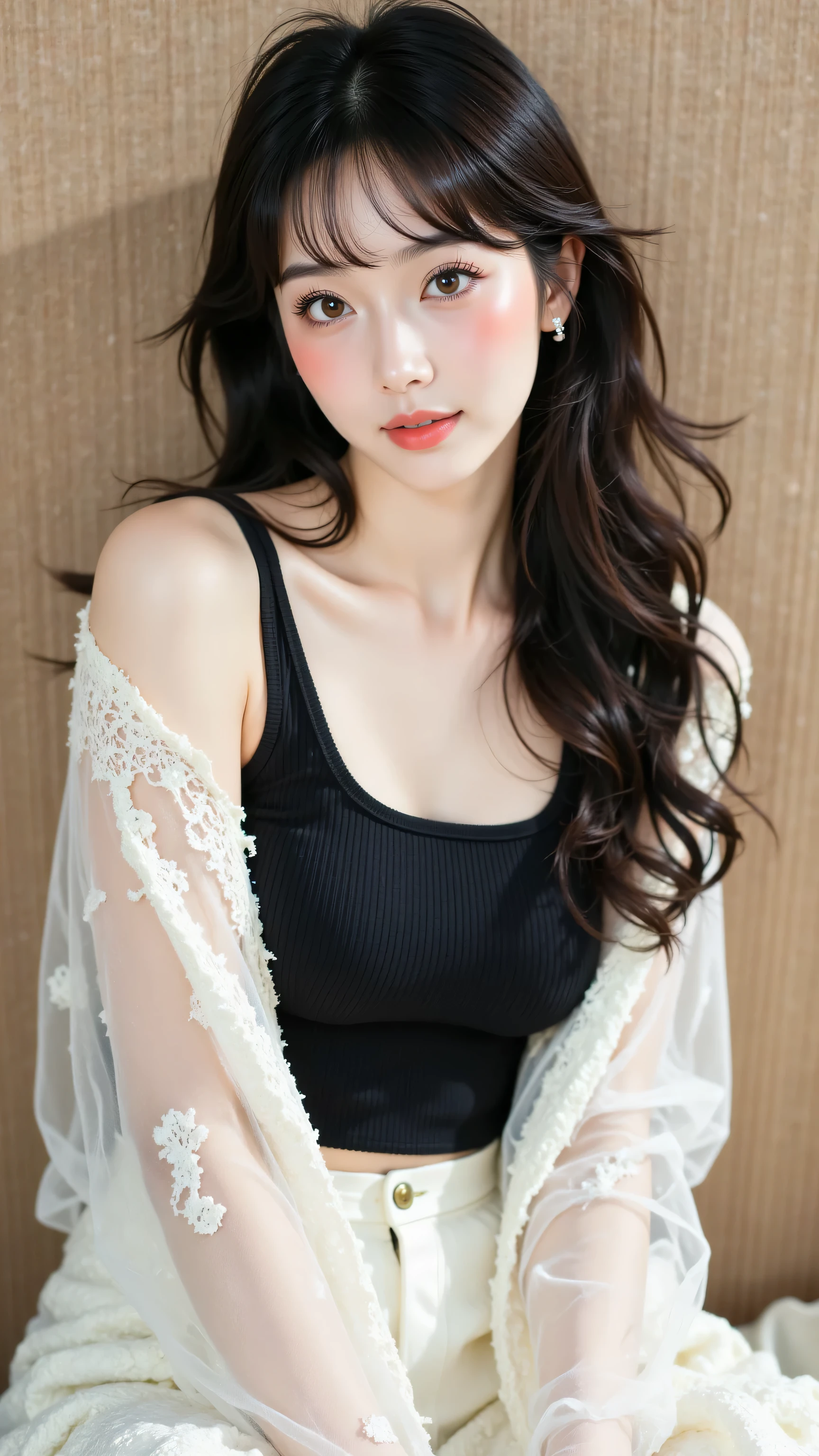 8k, masterpiece, highest quality, Beautiful Korean Women, Medium shot, eye-level viewpoint, woman, long dark wavy hair with bangs, fair skin, light brown eyes, neutral expression, wearing a black ribbed tank top, a sheer white long-sleeved cardigan draped off her shoulders, and a white textured skirt, seated on a textured beige surface, looking directly at the camera, soft, diffused lighting.