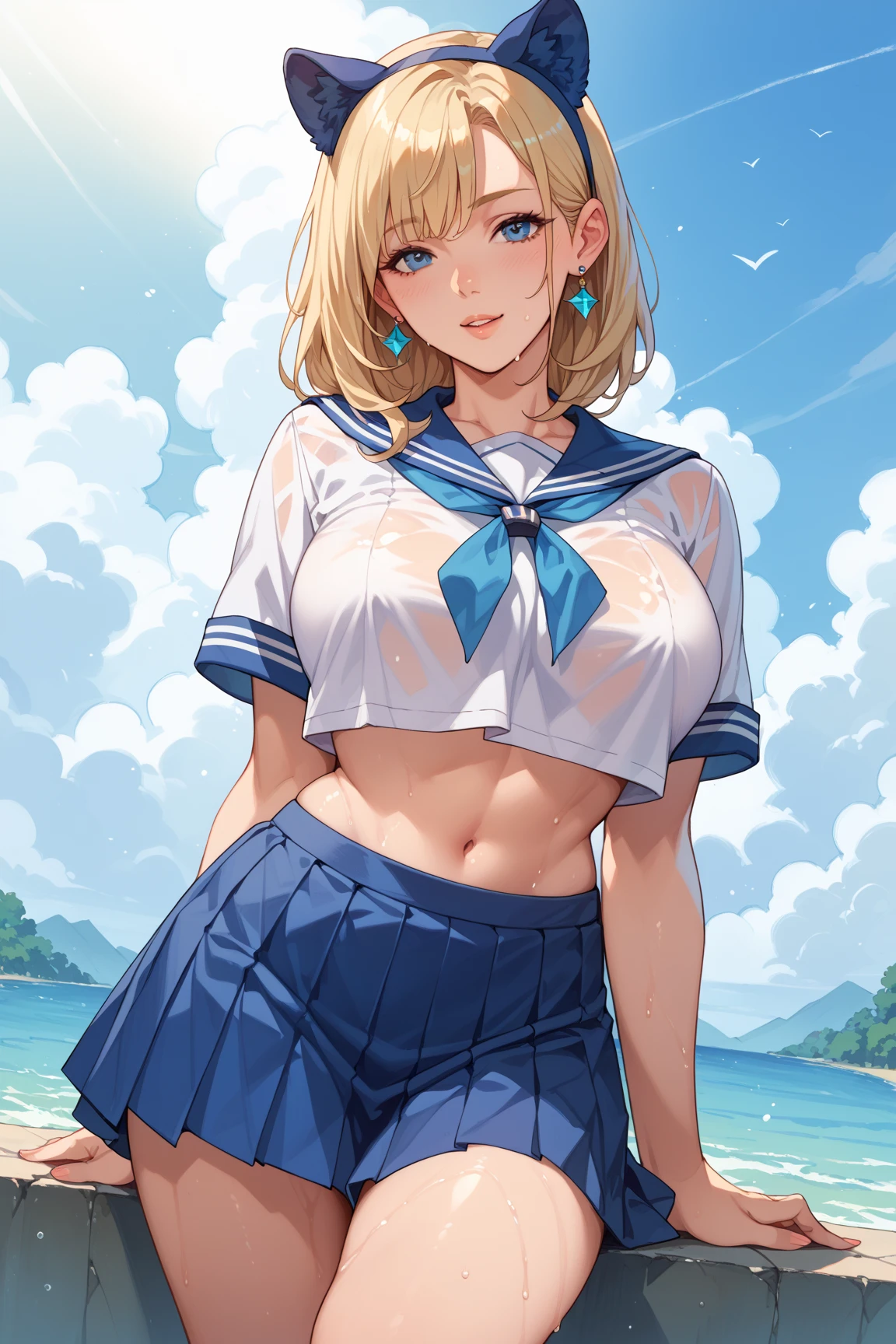 White sailor hat,blonde hair,short ponytail with bangs,sailor top outfits,blue mini skirt,seductive smile,look at viewer,bigbreast,wide hips,thicc tigh,glasses