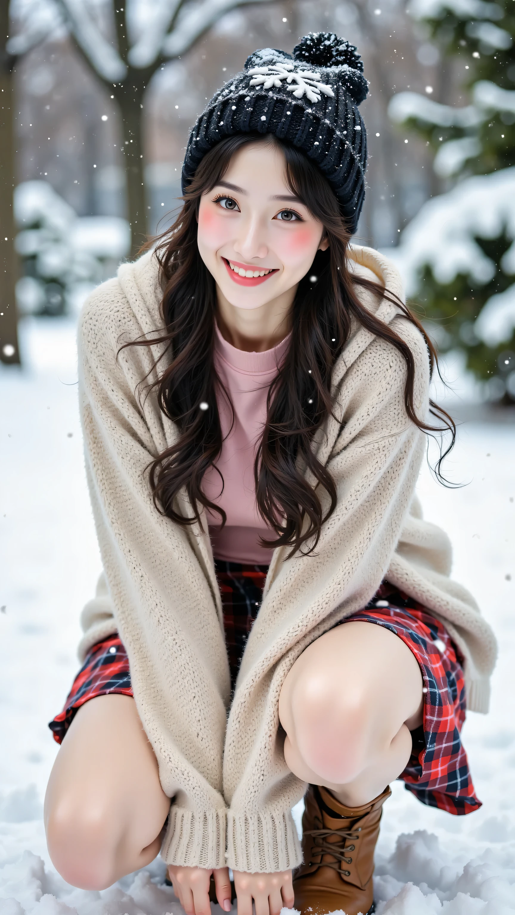 8k, masterpiece, highest quality, Beautiful Korean Women, Medium shot, slightly high angle viewpoint, woman, long dark wavy hair with a black knit hat covered in snowflakes, fair skin with rosy cheeks, smiling, wearing a light beige hooded cardigan over a pink long-sleeved top, a red and black plaid skirt, and brown ankle boots, crouching in a snowy outdoor setting with snow-covered trees in the blurred background, soft, overcast winter lighting with falling snow.