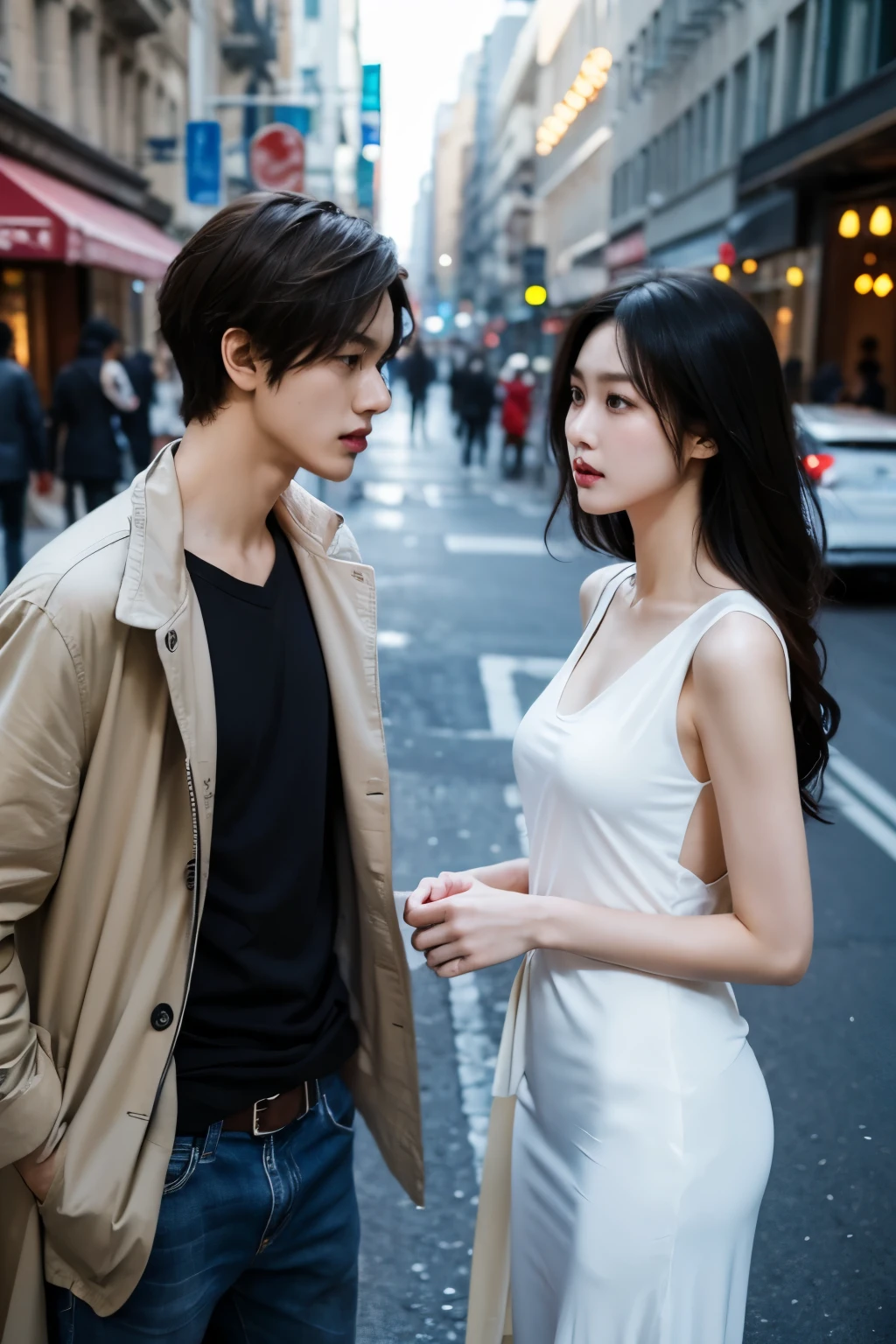 Highest quality, outstanding work, high sensitivity, high resolution, detailed description, slender women, angry, handsome men looking at each other, a boy glancing sideways, street.