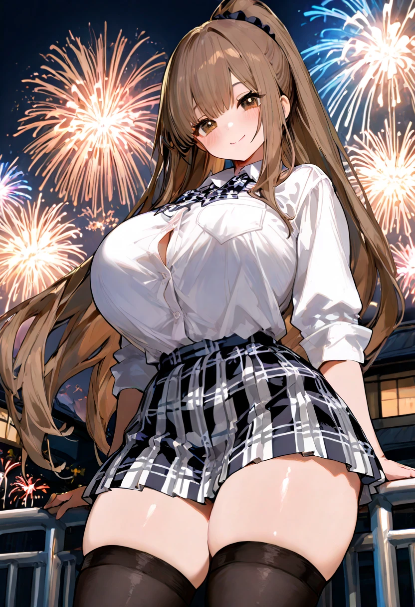masterpiece, best quality, very aesthetic, absurdres, 1girl, mature_lady,naked_shirt,covered_nipples,pink_clothes,,sento isuzu, amagi brilliant park, yellow eyes, antenna hair, long brown hair, ponytail, hair intakes, medium breasts, hair bow,,gorgeous Fireworks in sky,