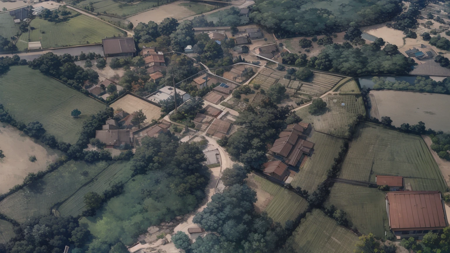 map style, Asian style, nice color, generate from original image, details, trees, road ways, view from image, roads from original image, fields, houses