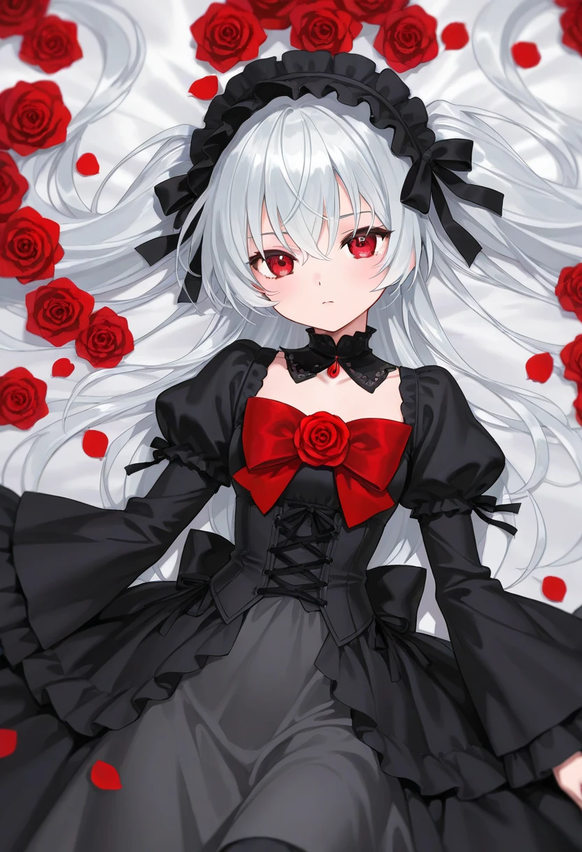 Anime girl with long silver hair, red eyes and a black gothic dress with red roses.
