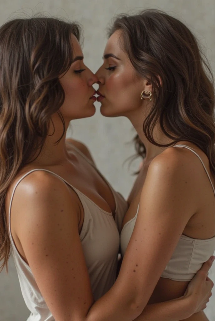 Craft a woman, fit girl, clear skin, short and curly hair, blue eyes, attractive, 18 years old, white, full body, big thighs, long legs, feets, sexy ((sit)), ((sexy wedding dress)),(RAW photo, Best quality), (Realistic, photo-realistic:1.2), 2girls, High quality, (highdetailskin:1.4), Two girls hugging,The chests squeeze against each other, wedding dress