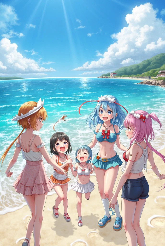 a group of young women in swimsuits posing on the beach, kinmoza!, sankakucomplex anime image, anime!!!!!!!!!!!!!!!, 1 9 9 8's anime, very very anime!!!, anime!!, anime!!!!, on a sunny beach, | | very very anime!!!, anime!!!, anime hi-fructose, rei hiroe
