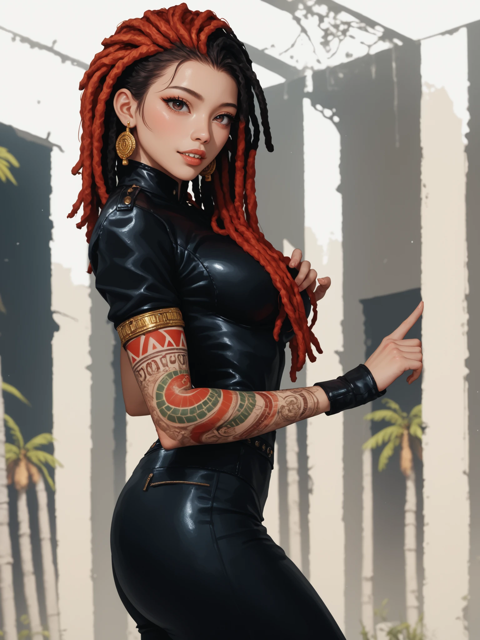 Meisterwerk, hd , great quality, very aesthetic, absurd, high contrast , high color palette , light glare ,neueste,2.5D,volumetric lighting, Sweet, jung, 1 girl, asiatisch, round face, slanted eyes, big eyes, asian girl, rote Augen, Asian eyes, blemish thin lips, normal breasts, soft abs, rote Augen, white strands, ATHLETIC BODY, aztekisch, leather clothing, looks at the viewer, Dreadlocks, very shy, Anime shark teeth, Hintergrund: jungle and Aztec ruins, looks like a young Jennifer Lawrence, looks at the viewer