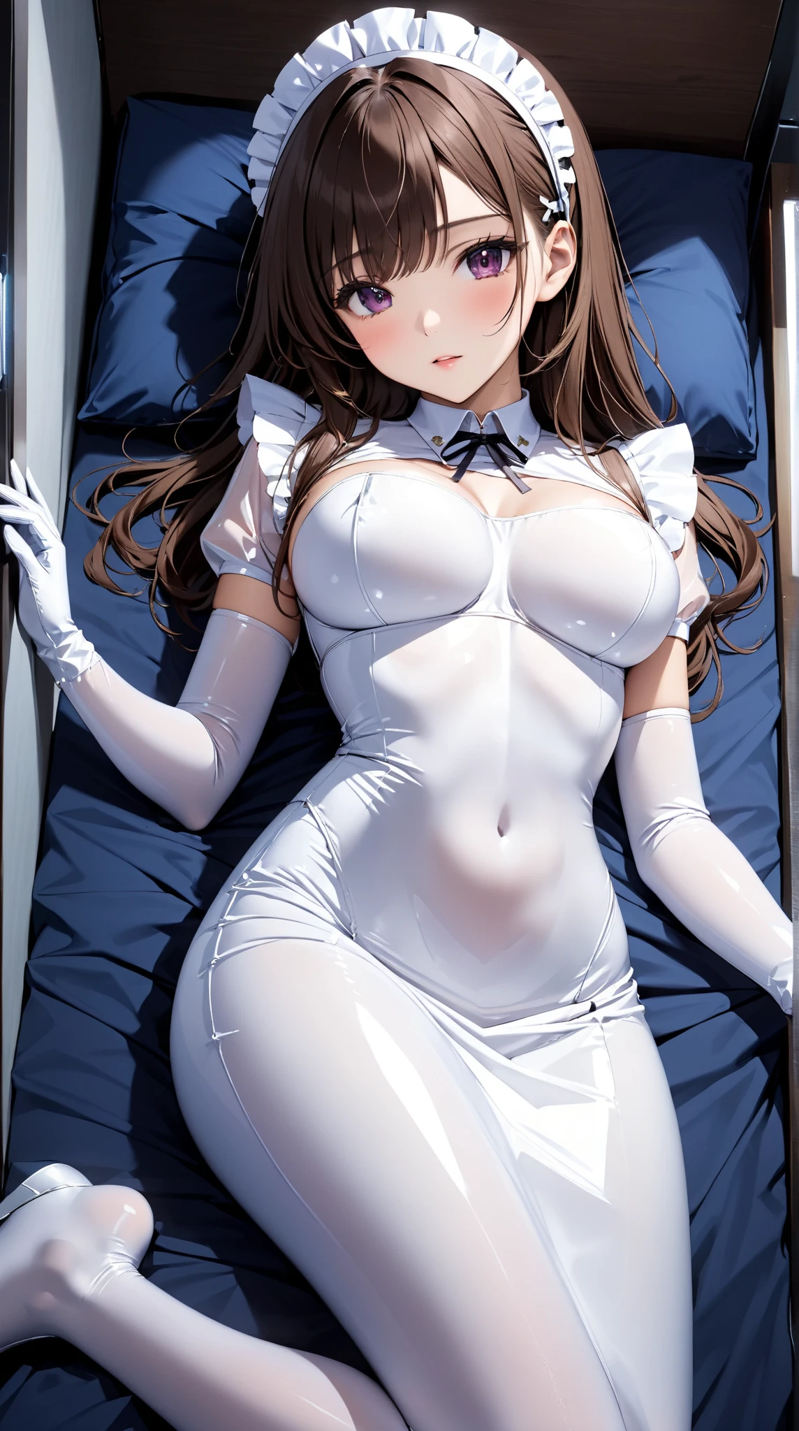 top-quality、Full limbs、complete fingers、1 beautiful woman,mole under eye、、sweat、Slender beauty、straight haired、Brown hair、((white Nurse Leotard、very skinny))、、White pantyhospitals、Hospital Room、on Patient bed、(condom:1.0)、vty、spoken heart、( tan:1.6)、