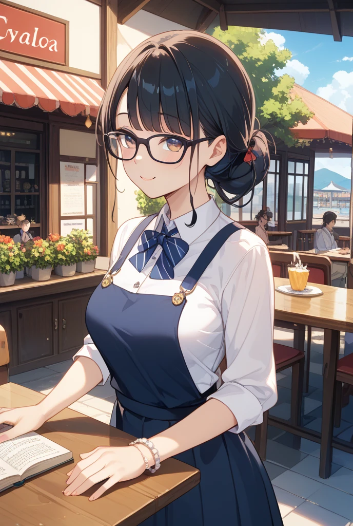 Create an image of a Japanese woman named Yui。She's a college student.、I work part-time at a cafe.。Yui is sociable and cheerful.、glamorous(Big Breasts)She has a nice figure.、My height is 155cm。She has long black hair in a ponytail、Wearing red glasses。What to wear、A stylish cafe uniform that is both professional and friendly.。Smiling warmly、It creates a friendly and welcoming atmosphere。