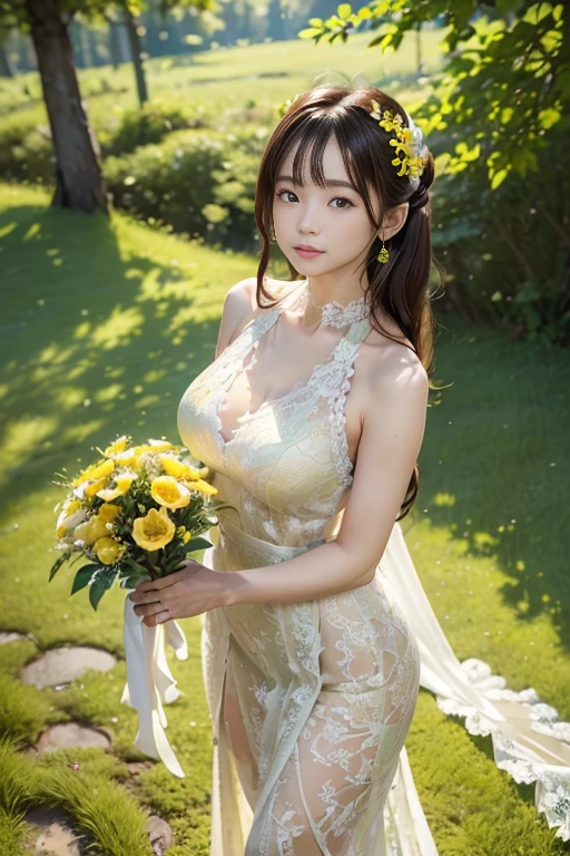 Woman in pale green prom dress with bouquet of flowers, Photograph Taken on Nikon D750, Photo taken with Nikon D 7 5 0, beautiful Korean women, pale green wedding dresses,Silk Fabric,luxury fabrics,Wedding dress with fine embroidery, chinese princess, Korean female, Beautiful young Korean woman, Colossal tits,large full breasts,wedding photos, Korean Girl,Happy smile, professional wedding photography, palatial palace , a girl in hanfu