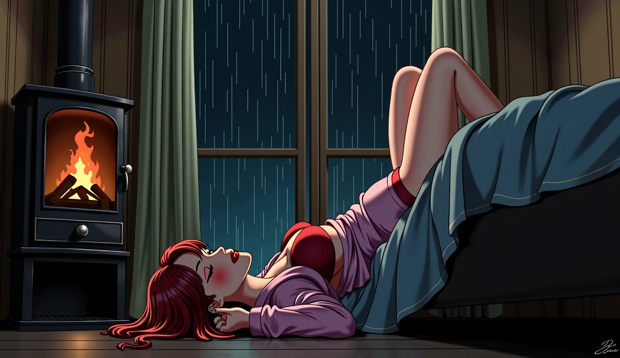 Anime girl, gigantic breasts, thick thighs, sensual pose, transparent white blouse, no underwear, open leg, red hair, full body, wet, no panties, no bra