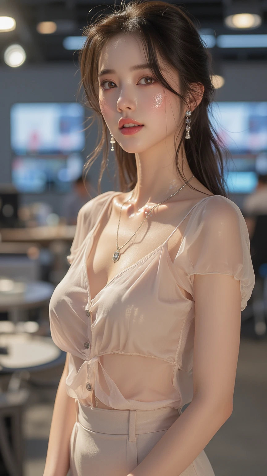 masterpiece, Highest quality, Realistic, Very detailed, Finer details, High resolution, 8k wallpaper, One beautiful woman, Wear a light pink see-through blouse, White silk tight mini skirt,At the bar counter, At night, Light brown messy hair, Perfect dynamic composition, Beautiful and beautiful eyes、Big earrings、Sitting in a chair、