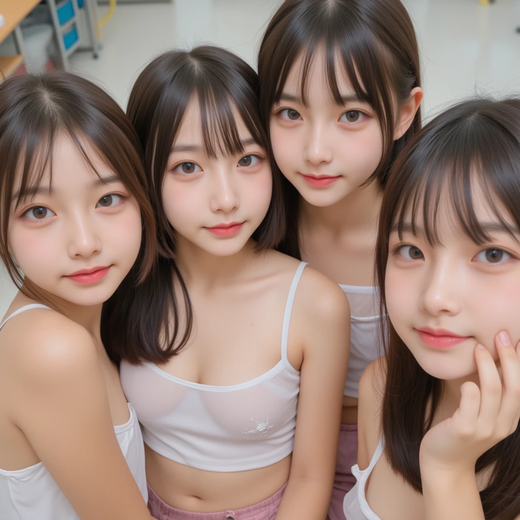 masterpiece, Better Quality, hight resolution, ((Photorealsitic:1.4, Raw photography, 超A high resolution,Top image quality: 1.4)), ((Do not split)),((upper body 1.5)), Beautiful detailed eyes, Natural Color Lip, ((A big smile:1.5)), ((Random and cute curly hair)), ((Random breast sizes from large to medium:1.3)), ((Random colored lingerie:1.6)), ((Random Lightwear:1.2)),((breastsout、under look eyeole on the arm:0.9)), ((peer in from below)), ((Koi)), ((Random and cute facial expressions)),, ((3 girls、Three people standing side by side:1.5)) very detailed and professional lighting、 ((Random and cute facial expressions:1.5))、 ((Waki Display:1.5))、 ((I'm showing off my waki:1.5))、 ((thigh visible:1.5)),(On the bed:1.8),(hug:1.7)(nurse:1.8)