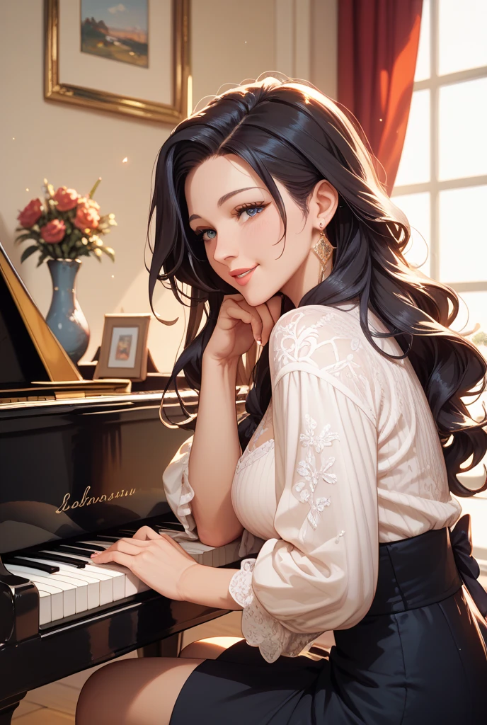 (masterpiece, best quality), 1 Girl, Black long hair,Double tail， Small Breasts, Light-colored cotton and linen shirt. Long loose casual tapered trousers in linen fabric， only, Staring proudly at the camera，play piano，Casual calfskin shoes，whole body.