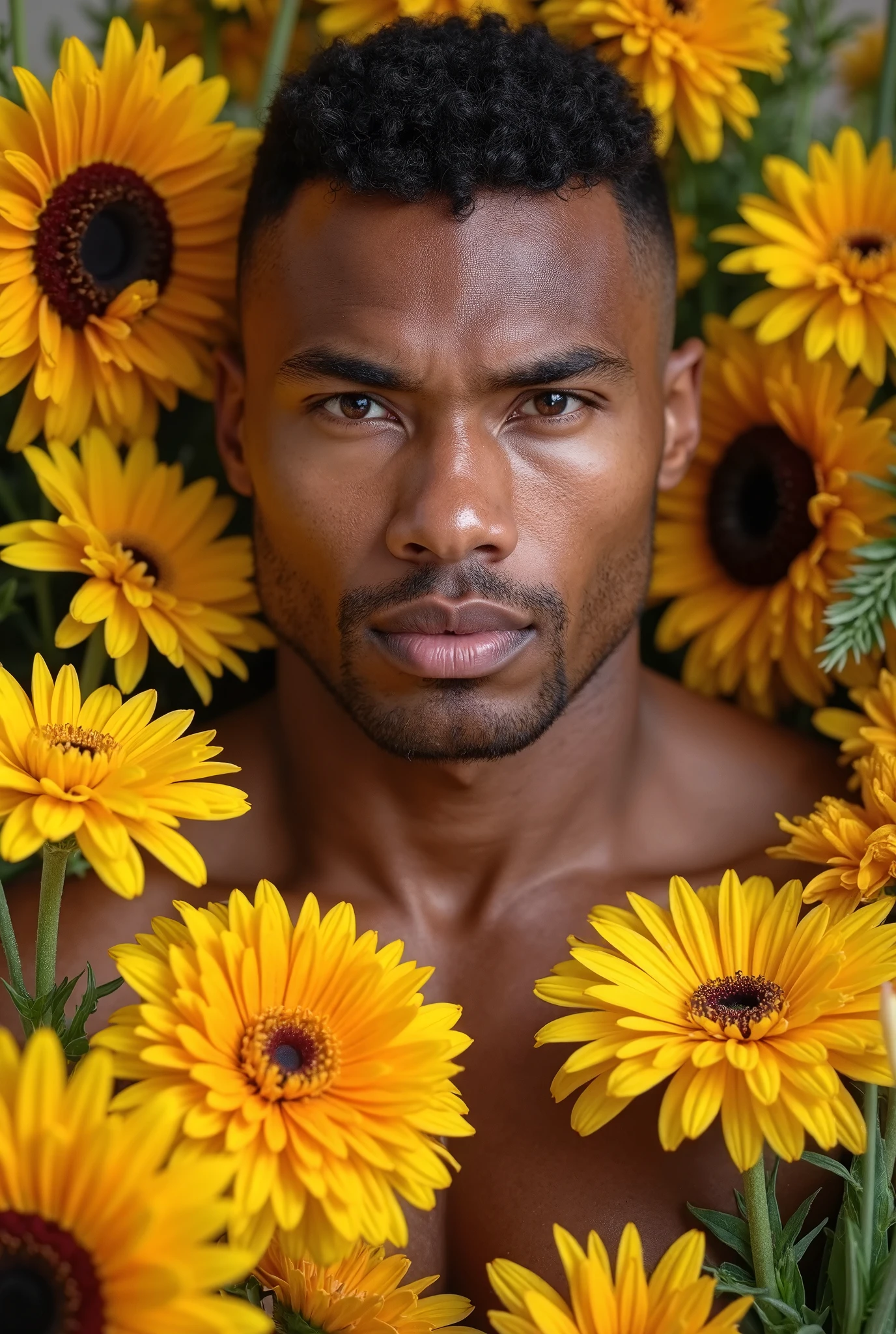 A young African male model, athletic build, shirtless, only wearing white thong underwear with huge bulge, sexy, strong confident pose, sunflower field, (best quality, 4k, 8k, highres, masterpiece:1.2), ultra-detailed, (realistic, photorealistic, photo-realistic:1.37), HDR, UHD, studio lighting, highly detailed eyes and face, vibrant colors, bokeh