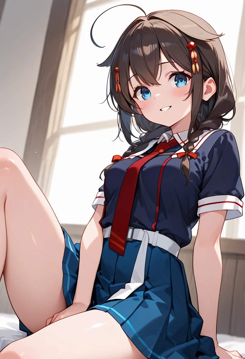 gym storeroom, shigure, ahoge, brown hair, blue eyes, braid, hair ornament, hair over shoulder, long hair, single braid, hair flaps, (masterpiece, best quality:1.2), illustration,8k,hd,long hair, single braid