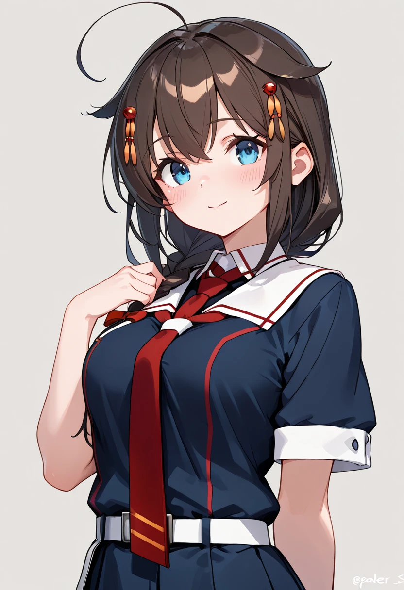 best quality, masterpiece, highres, solo, {shigure_kantaicollection:1.15}, long_hair, blue_eyes, ahoge, hair_flaps, braid, single_braid, hair_ornament, brown_hair, blush, black_hair, smile, hair_between_eyes, breasts, 1girl, hair_over_shoulder, looking_at_viewer, official_alternate_costume, red_ribbon, ribbon, shirt, simple_background, sleeveless, sleeveless_shirt, bare_shoulders, black_shirt, off-shoulder_shirt, off_shoulder, turtleneck, upper_body, bangs, hair_ribbon, long_sleeves, neck_ribbon, closed_mouth, grey_background