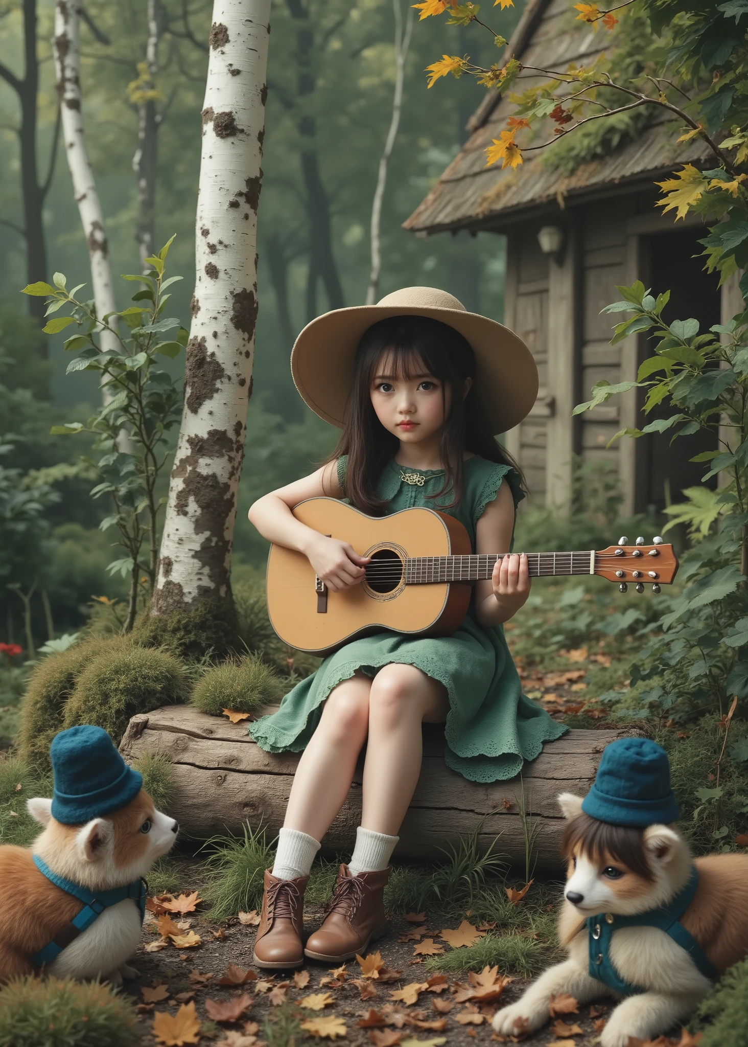 With the misty forest in the background、 has an enchanting presence 、 High quality 3d rendering of a cute girl , Sitting in a mysterious forest. Fair-skinned girl , DARK GREEN EYES, wearing a chain hat , And autumn leaves. She was wearing a green dress with lace , patterns, Biz , She's wearing cream stockings and brown leather boots. playing acoustic guitar . Forest animals wearing blue hats and listening to songs 、 playing acoustic guitar in front of a house with moss on the roof . the background is a dense forest、 Tall birch and maple trees are growing in abundance . season is fall、Perfect body and face