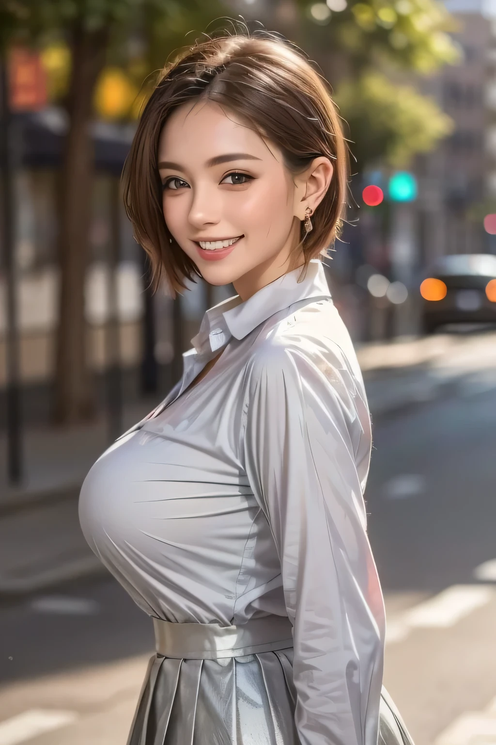 (top quality, masterpiece, formal, Auxiliary Light, backlight), accurate human body, Knowledgeable person, (Shining skin, Realistic skin texture, beautiful skin details, growing skin), (1girl), (Completely:1.2), grin, (shiny collared shirt: 1.2), Shine, (earrings), necklace,  charming and perfect ratio,  charming smile, fine surface texture, charming, short hair, wear a gray pleated skirt, Big Breasts, ((background: wide street))