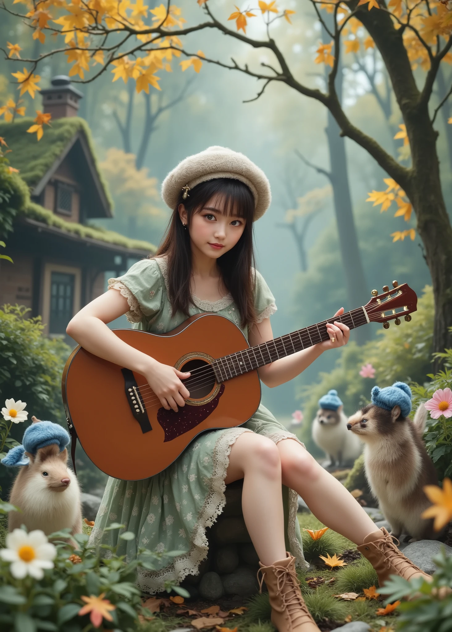 With the misty forest in the background、 has an enchanting presence 、 High quality 3d rendering of a cute girl , Sitting in a mysterious forest. Fair-skinned girl , DARK GREEN EYES, wearing a chain hat , And autumn leaves. She was wearing a green dress with lace , patterns, Biz , She's wearing cream stockings and brown leather boots. playing acoustic guitar . Forest animals wearing blue hats and listening to songs 、 playing acoustic guitar in front of a house with moss on the roof . the background is a dense forest、 Tall birch and maple trees are growing in abundance . season is fall、Perfect body and face