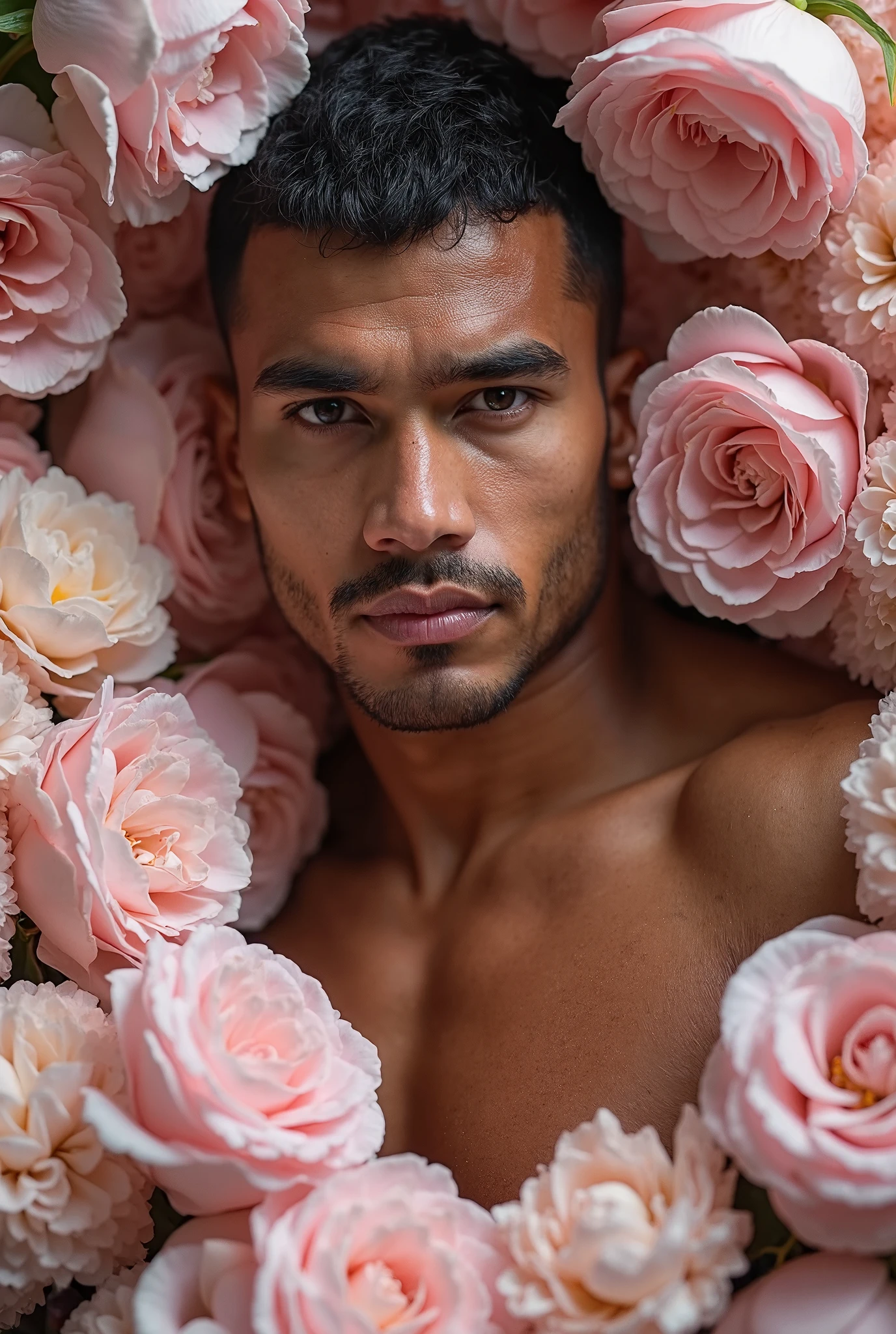 (absurdres, highres, ultra detailed), 1 male, solo, ((handsome man, male model modern clothing, Full length portrait: 1.5)), beautiful,handsome, tall muscular guy, mature, perfect eyes, sexy gaze, (looking at the viewers romantically), perfect body, smooth skin, wide chest, largest breast, extremely large pectorals, big nipples, breathtaking grandeur, verious red and pink roses around him, jewellery, the man is standing comfortably in the roses, from directly above, gorgeous, wet, model pose, colorful, artistic, depth of field, focus on his calm facial features, elegant look,