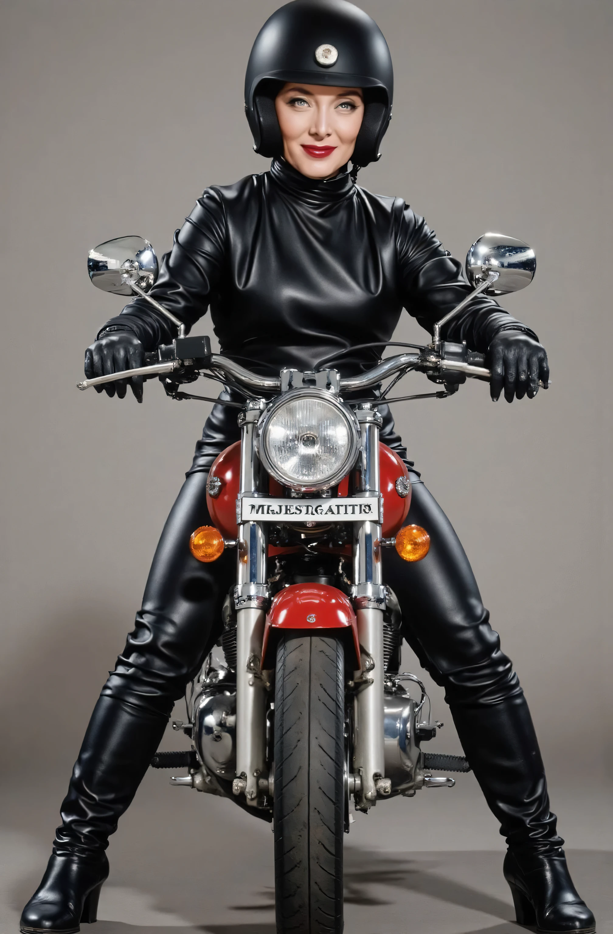 Marsha Queen Of Diamonds wearing a black leather pants, wearing black leather boots up to her knees, wearing black leather opera gloves. wearing a helmet, riding a motorcycle, full body picture, she is smiling.