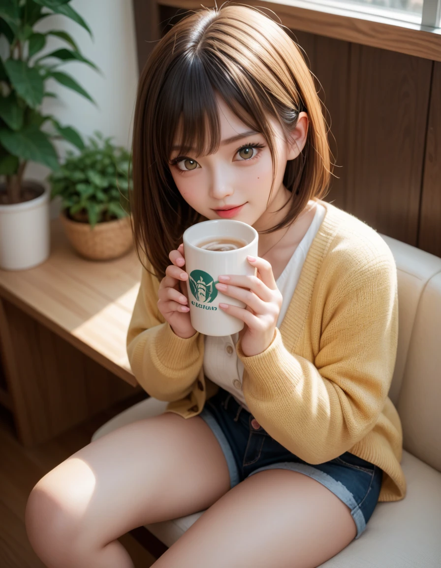 (RAW photo, best quality, masterpiece: 1.2), (photorealistic: 2), (Polish girl, 20 years old, black hair, Light grey eyes, short bob cut, hair in 7 thirds, hair over one ear, Symmetrical eyes, solo, Detailed Skin:1.1), Wearing a white oversized sweatshirt, dark grey pants, light blue and white Nike Jordans, a small pearl necklace, sitting Indian style on the grass, drinking a Starbucks latte from a clear cup with a green straw, angled slightly above, sunny, gel nails, smiling