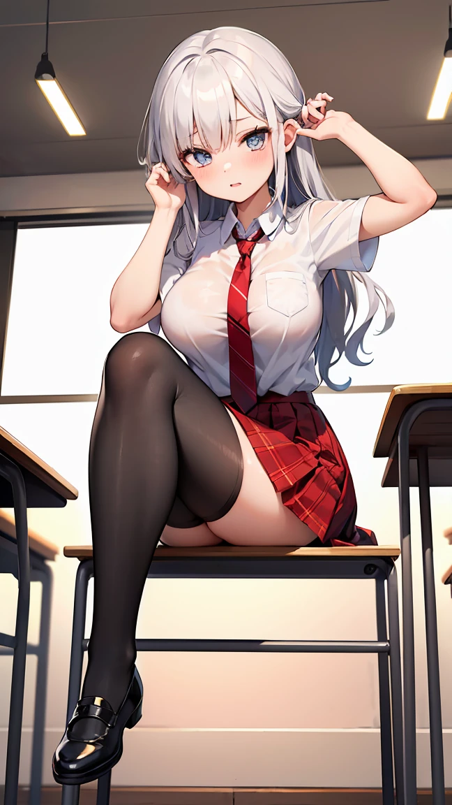 Expressive eyes, (((1 girl))), ((anime)), (Silver Hair), ((Red eyes)),(Half closed eyes), ((very Big Breasts)), ((Firm breasts)), ((Exposed thighs)),((No underwear)),((school uniform,See through)),((Micro Mini Skirt)), ((Big Breasts,Butt)), ((Blunt bangs)), ((People with dark skin,Tanned dark skin)), ((classroom)), Captivating smile, Princess Cut, Shiny Hair, (masterpiece), Anatomically Correct Art, Very detailed, Advanced Details, high quality, 最high quality, High resolution, 4K, 8k, (((Captivating smile))),((squat、Do the splits))
