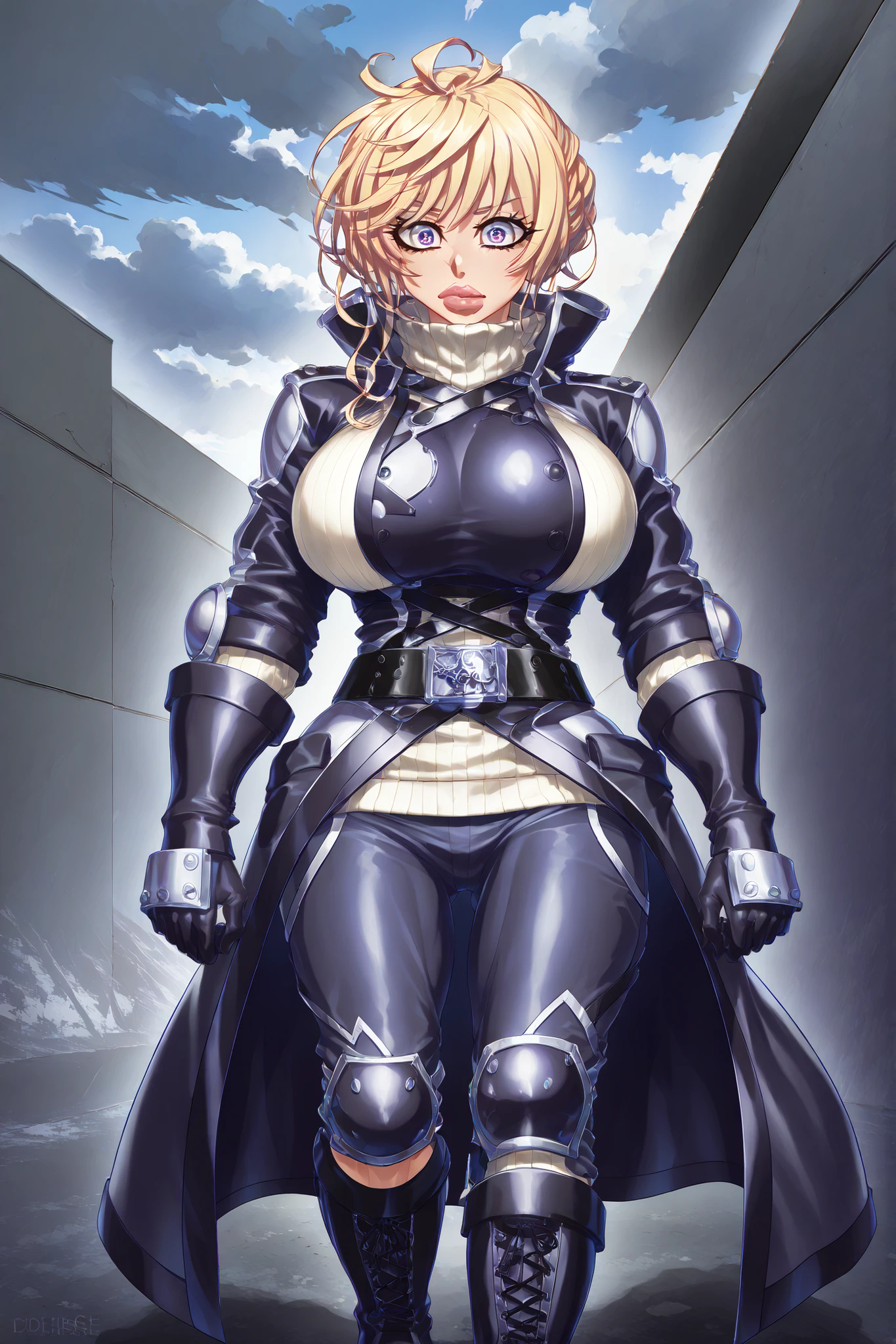 Elegant and dangerous looking woman, ash blonde hair, long to the middle of the back, with slightly wavy locks and perfectly combed back. blonde eyelashes, thin and angled. very fair skin, Almost snowy, with no visible imperfections . big eyes, with an almond shape , deep blue , with a fixed and penetrating look. marked cheekbones, definite mandible, thin arc-shaped lips.
He wears a long black leather coat, fitted at the waist and with a high collar made of dark gray synthetic leather. Below, wears a pearl gray wool sweater with a high collar that fits the body. Black military-cut pants, with reinforcements on the knees and side pockets. Black belt with square metal buckle. High combat boots, black, with thick laces and wide non-slip sole. black leather gloves, Complete , Without decoration.
She wears a straight posture, with a raised back and a slightly raised head fitted to the side. One hand inside the coat pocket, the other firmly holds a tactical knife with a white handle. greyish background , cloudy sky. Snowflakes falling around