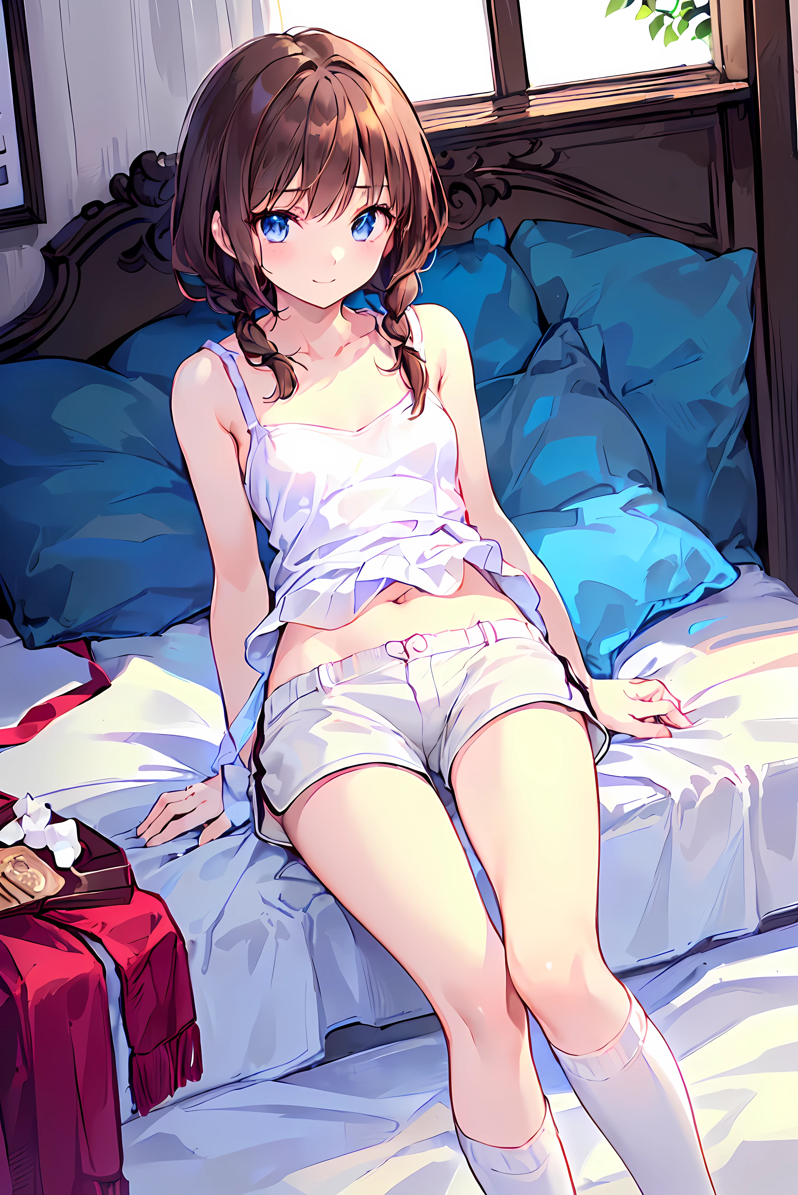absurd,(masterpiece、 best quality、8k ), intricate details, very well detailed、cute girl、((movie:1.4)), embarrassing 、( flat chest、bulge:2.2( brown hair、( white camisole , white shorts、 White Knee High Socks :1.3), on bed、 super real,perfect anatomy,brown hair, shortcuts , disheveled hair, short braided hair, Neat , Slender and beautiful, correct posture,small breasts, beautiful legs, their charming gray-blue eyes shining like stars,dull eyes, bright color, Beautiful Eyes,A delicate smile,textured skin, best quality best , parody of a gentle and beautiful woman , anime style、