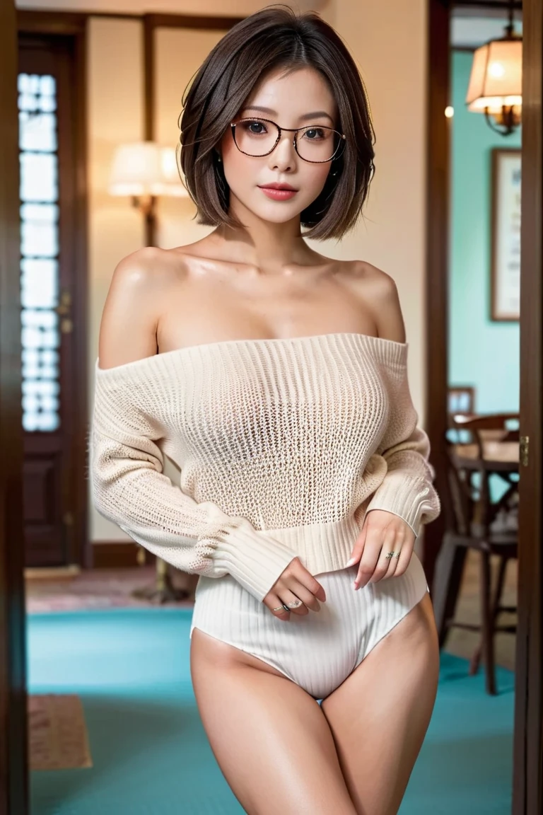 8k,woman  in front of the blackboard,Italian with short bob perm, realistic skin,School class,photorealistic hot secretary, elegant cinematic pose, realistic shaded perfect body, glasses , short neck, realistic, ultra realistic picture, [ 8k photorealism ]!!, [ 8k Digital Art ]!!, ultra high resolution,Super realistic,White tight skirt(on lap),beautiful expression,smile,sexy,Charm,Black underwear  visible through the open white blouse,Very small breasts, big buttocks