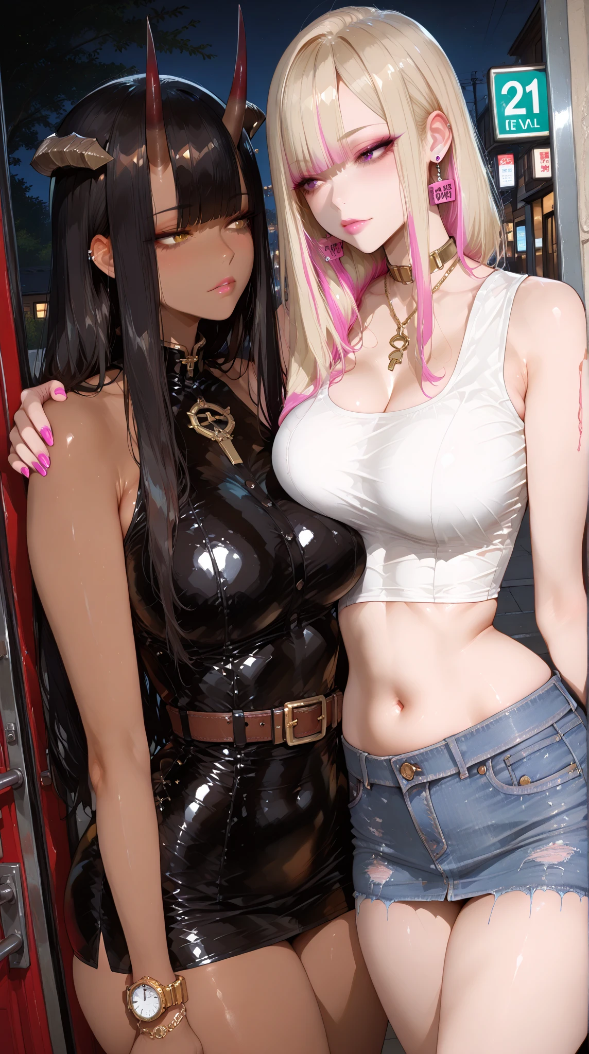 (8k,Super details,best masterpiece,nature,perfect work of art,perfect female figure),two women,sister and sister,sisters,Rainbow hair,perfect face,(huge),neighbor wife,woman hairstyle,elegant wife,mature and exposed,20 years old,fair skin,messy hair,Perfect sexy body,Wear a fitted and sexy tunic dress,Strapless strapless short dress,Hot and sexy secretary,wear glasses,Standing in a spacious conference room,Papers scattered on the ground,Detail background,necklace,perfect eyes,, T-shaped small size,huge的山雀