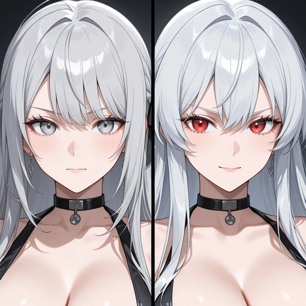 vtuber model, silver hair, grey hair, long hair, messy hair, straight hair, expressive hair, heart-shaped pupils, dilated pupils, embarrassed, blush, heart in eye, naughty, Conceptual art, modern, anime style, anime, reference sheet, multiple views, from behind, from below, from side, UHD, masterpiece, anatomically correct, super detail, textured skin, high details, high quality, best quality, highres, 8k, art concep, character design