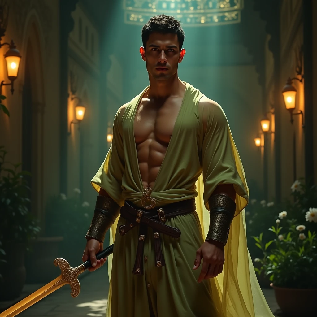 20-year-old naked man son of a gothel boy with black curly hair green eyes red clothes with gold details a belt tight pants and black leather boots 