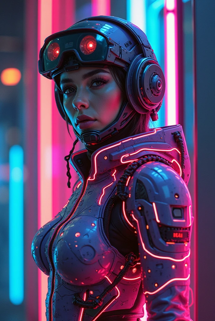 photoillustration of double exposure of merge vertically of {two different tones paradox world, 1half futuristic girl(cyborg helmet body armor suit with obvious cables in neon color), 1half primitive girl(animal fur clothes, braided hair)},{(transparency effect:0.5), symmetrical vertical cut ((vertical half cut:1.5))seamless split, texture and pattern, ((transparency effect:0.5)), iconic scenery stance, front view, look to the viewer(detailed:1.5) dramatic shadows, dramatic lights, interlacing elements, fantasy art, two tones, two basic_tones, very_long horizons, opposite-opponent digital manipulated photo art, hyper-realistic, ultra-detailed, crisp clarity, high-contrast, luminous ambiance, rich textures, intricate patterns, vivid colors, cinematic lighting} photorealistic, a lightning exact in the middle, accurate dimension proportions.Text "COLLIDE" in bold futuristic fonts at top center, and "two different words" at bottom center