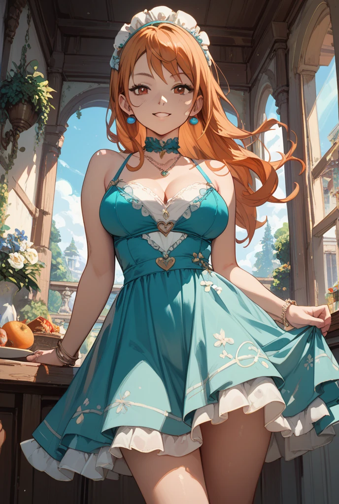 (masterpiece, high resolution,ultra - detailed:1.0),1 girl,Young and beautiful woman, ((freckles)), blue hair ribbon, eyes looking away from camera, ((grinning)), Perfect female body, (upper body), (flower shop), Extremely detailed CG,Unity 8k wallpaper,Complicated details, solo person, (blue eyes), diamond shaped eyes, long hair length, (orange hair), ((blue sun dress)), (((blue choker))), bare_shoulders, NSFW, diaphanous outfit, exposed breasts, cleavage, (hands behind back), happy, flowers,(rustic shop),Portrait,color difference, Depth of field,dramatic light, Ray tracing, Best quality, Cinematic lighting, official art,