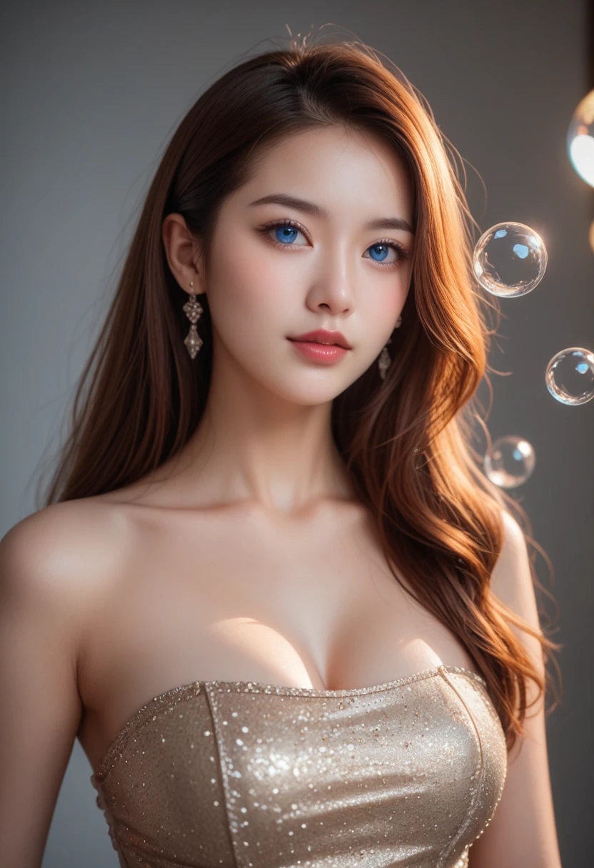 ((Highest quality, 8K, masterpiece :1.3)), Sharp focus :1.2, Beautiful 30 old years old woman with perfect figure :1.4, Slim Abs :1.2, ((Big Breasts, detailed skin, Emphasize cleavage:1.3)), (Photorealistic:1.4), (realistic:1.4), (Blonde:1.5), Highly detailed face and skin texture, Fine grain, double eyelid. Makeup face. A little bit of lipstick, necklace, Earrings, sex appeal, Sexy gravure pose, ((Sexy woman in random colored strapless dress、indoor car exhibition background、Bright smile、ponytail、model pose。:1.3), full body picture