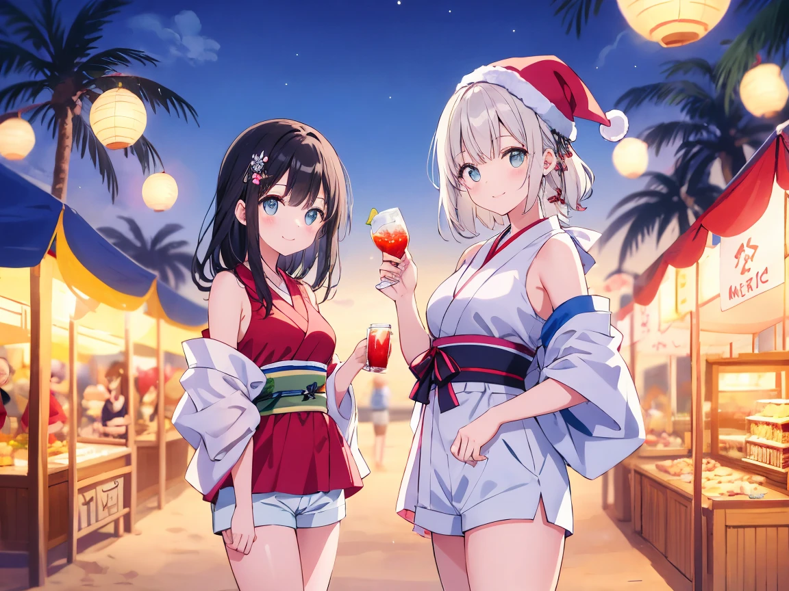 2 mulheres na praia, wearing Santa Claus hats, drinks in hand, they are in two piece bikini swimsuits, happy looking tempting skinship vibes, hugged, no estilo de anime, retratos simplificados e estilizados, soft lighting, brilhante/lustroso