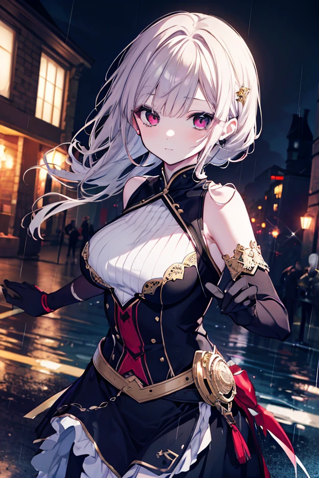 2d, Obra de arte, melhor qualidade, anime, rosto altamente detalhado, olhos altamente detalhados, fundo altamente detalhado, perfect lighting, tiro de vaqueiro, 1 garota, Sozinho, Aki Rosenthal, vestido de gola, vestido curto, Manga curta, Jaqueta azul, coxas pretas, cabelo solto, cabelo longo, twintails baixos, corte bob, gravata, harness, luvas brancas, luvas de cotovelo, quadris largos, sorriso, standing, 