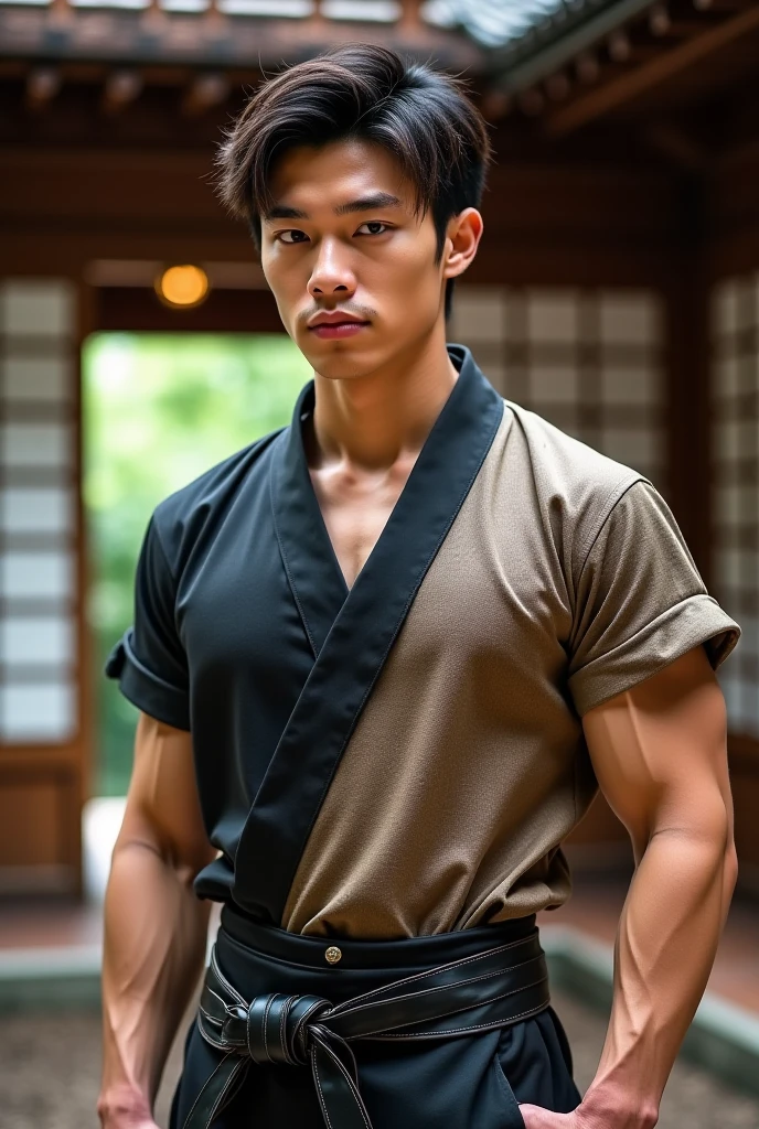 Asian god, handsome guy, Gay Samurai, The History of Homosexuality in Japan, topless, top-knot hairstyle, standing, Full Frame, Professional Lighting, Japanese temple, heaven background.