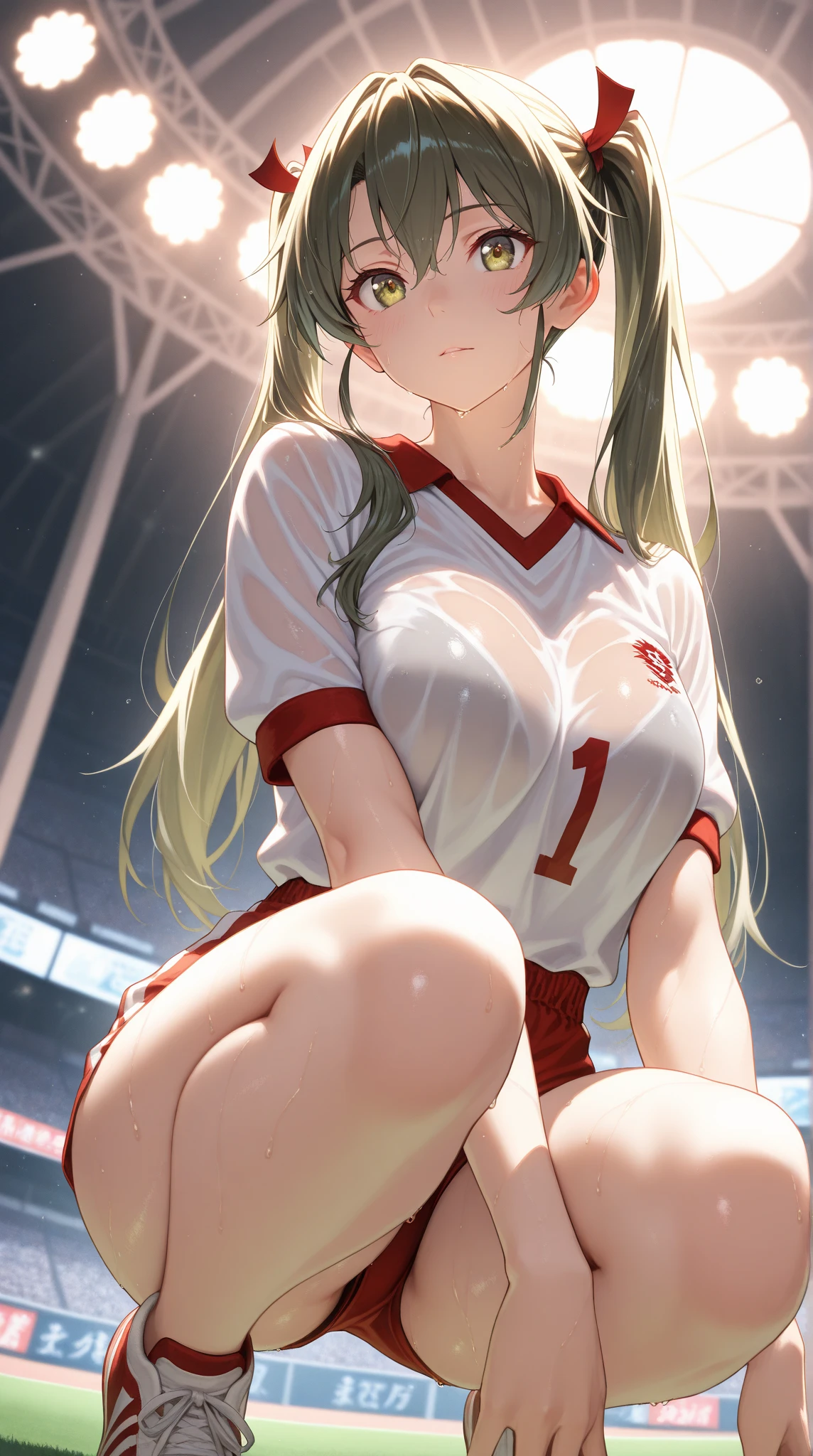 muste piece、masterpiece、highest quality、Super detailed、High resolution、8K portrait、High definition CG of Unity 8k wallpaper、cute type little:1.5、Lori:1.5、Highly detailed CG unity 8k wallpaper、Realistic、real person、 portrait photography、shiny skin、High definition、(:1.2)、(1 girl)、beautiful clear eyes、extremely detailed description、delicate face、nice lips、slender body、medium breasts 同 thin waist、thin legs、(Atlantic stadium track:1.6)、1 girl, cute type, perfect face, seriously, (blush:1.5),(silver hair long hair:1.3),medium breasts 同,((short sleeve gym clothes:1.2)),(((clothes lift:1.5))),(I have nipples:1.5),((climax in vagina:1.6)),gran,(hand behind hip:1.2)