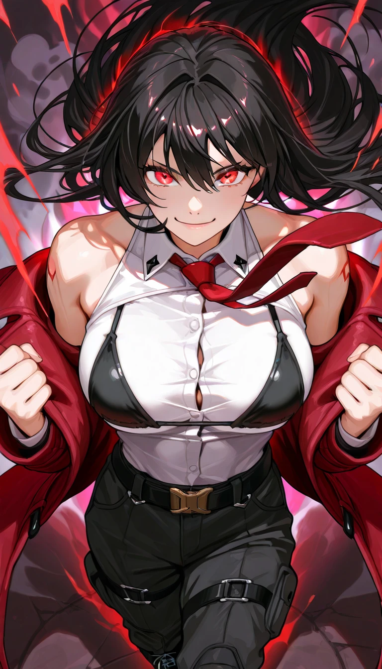 bambietta, (burned ruined city:1.2), (blush:1.2), parted lips, suggestive smile, hat, white military form, short white pleated skirt, upskirt, white gloves, masterpiece, detailed, intricate details, belt, looking at viewer, medium breasts, no bra, cleavage popping out