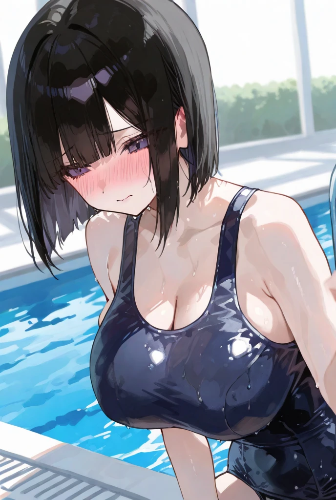 1 girl, watery big eyes*Su Jiushui*Wet hair*hair open*ear studs*swimmingpool>,, Low RA:Add to_the detail:1,one piece swimsuit,humongous large breast,