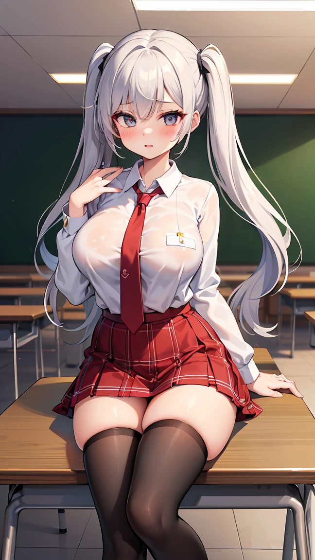 Erotic Anime Illustration、Highest image quality、A plump dark-skinned female high school girl who flatters men.、Rin Tohsaka、sailor suit、twin tails、dimly lit classroom、perfect proportions、Beautiful sparkling eyes、Overwhelmingly big breasts beyond the norm、cowboy shot、big areola、blush and smile、sweating、Exposing Vagina、spread legs、vaginal