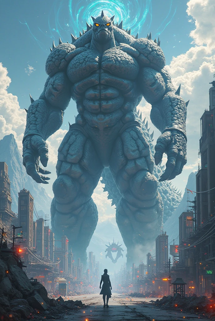 4180180636 The gigantic monster moving forward, destroying buildings in its path."