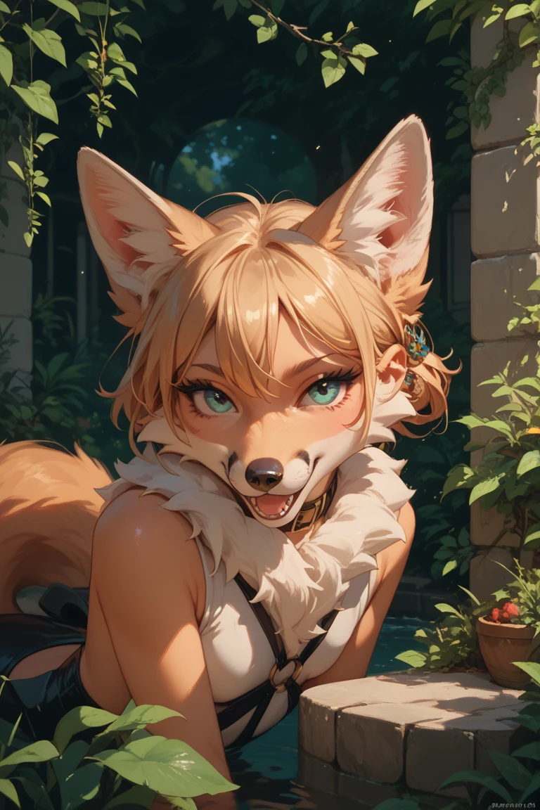 Anthro, beautiful, (feminine:1.15), wolf-woman, docile, white fur, short hair, white wolf ears, long snout, yellow wolf eyes, bandaged arms, (bandaged eyes:1.3), plain medieval gray dress, breast fur, medium breasts