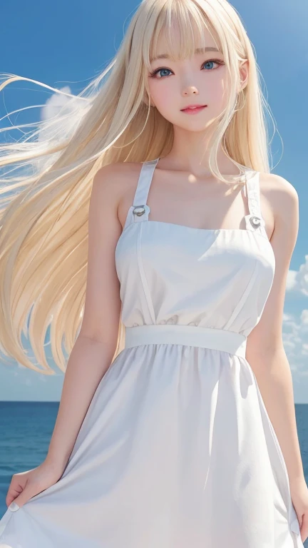Style screenshot Berserk anime 1997 tall girl white skin long wavy hair blond hair color and black eyes, a scar on her eye, she is approximately 20 years old and has mercenary clothing outside blue sky sideways right with a wedding dress on