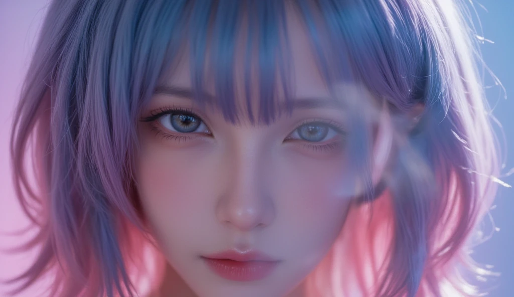 (best quality, masterpiece), 1girl, beautiful girl, brown_eyes, ((hair color [blue and pink hair], [pixie cut with bangs] hair)), earrings, lips, short sleeves,realistic, narrow waist, charming, colorful makeup, long eyelashes, fair skin, (cute), (detailed face), detailed eyes, detailed iris, consistent character, diferent pose