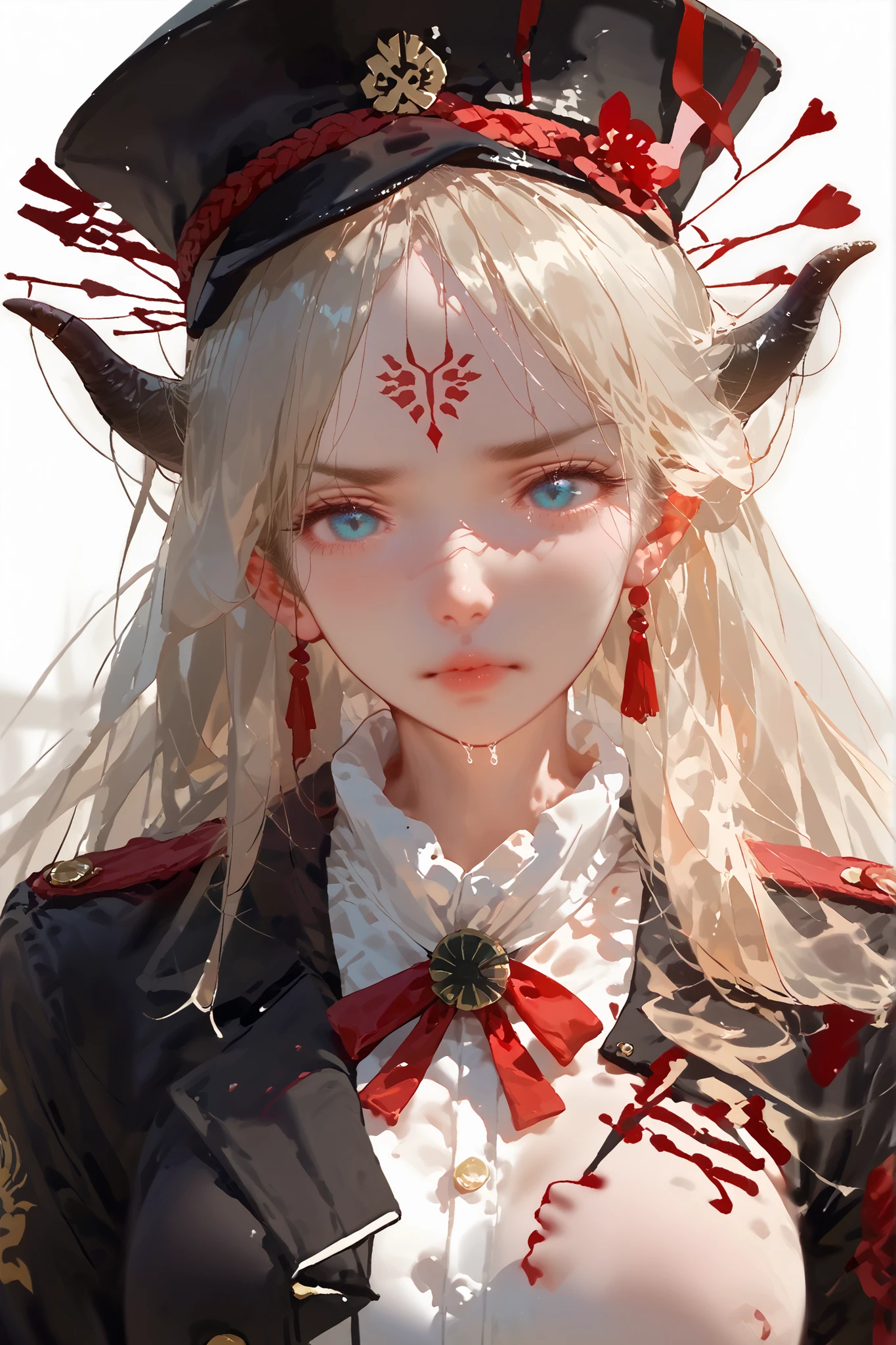 . The character in the image has a striking and dark visual, typical of a powerful being in dark fantasy animes or manga. Here is a detailed description: Overall appearance : Cabelo: Longo, hat (almost white), falling to the right side of the character. Olhos: Very large and shiny, with light blue or ice-blue pupils, , which transmits a supernatural or demonic aura. Pele: extremely pale, almost white, giving a strong contrast with the black details of the face and background. Expression: Neutra, scene with a fixed and penetrating gaze that reinforces the intensity of the image. Special Features: facial marks: There are black marks that resemble cracks or veins around the eyes, extending to the forehead and cheeks. Chifres/Black Branches: Black structures similar to branches or horns Do they sprout from the forehead and they project backwards and sideways. These elements appear organic, but may also have a mystical or demonic meaning. dark aura: The entire image has a dark tone with highlighted lines that suggest movement or release of power. This reinforces the idea that the character is at a crucial moment or activating some power. This character is probably a villain or a very powerful entity within her universe, with aesthetics that resemble demonic or supernatural creatures from animes like Demon Slayer, Jujutsu Kaisen or similar.