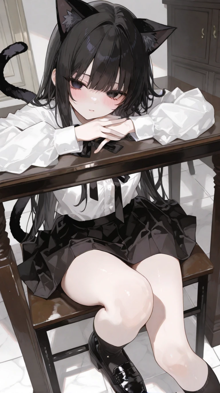 girl、Table Top、I'm wearing black and white clothes、black skirt、black cat ears and tail、 dark eyes、cute、half twin、Black shoes、masterpiece、best quality